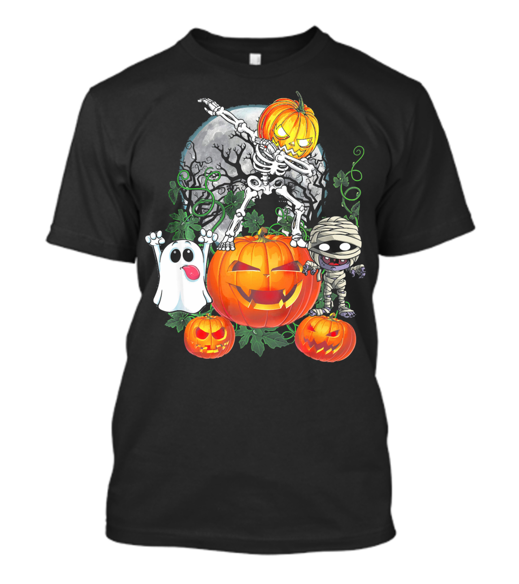 Dabbing Skeleton Pumpkin Ghost Mummy Halloween Moon Scene T-Shirt