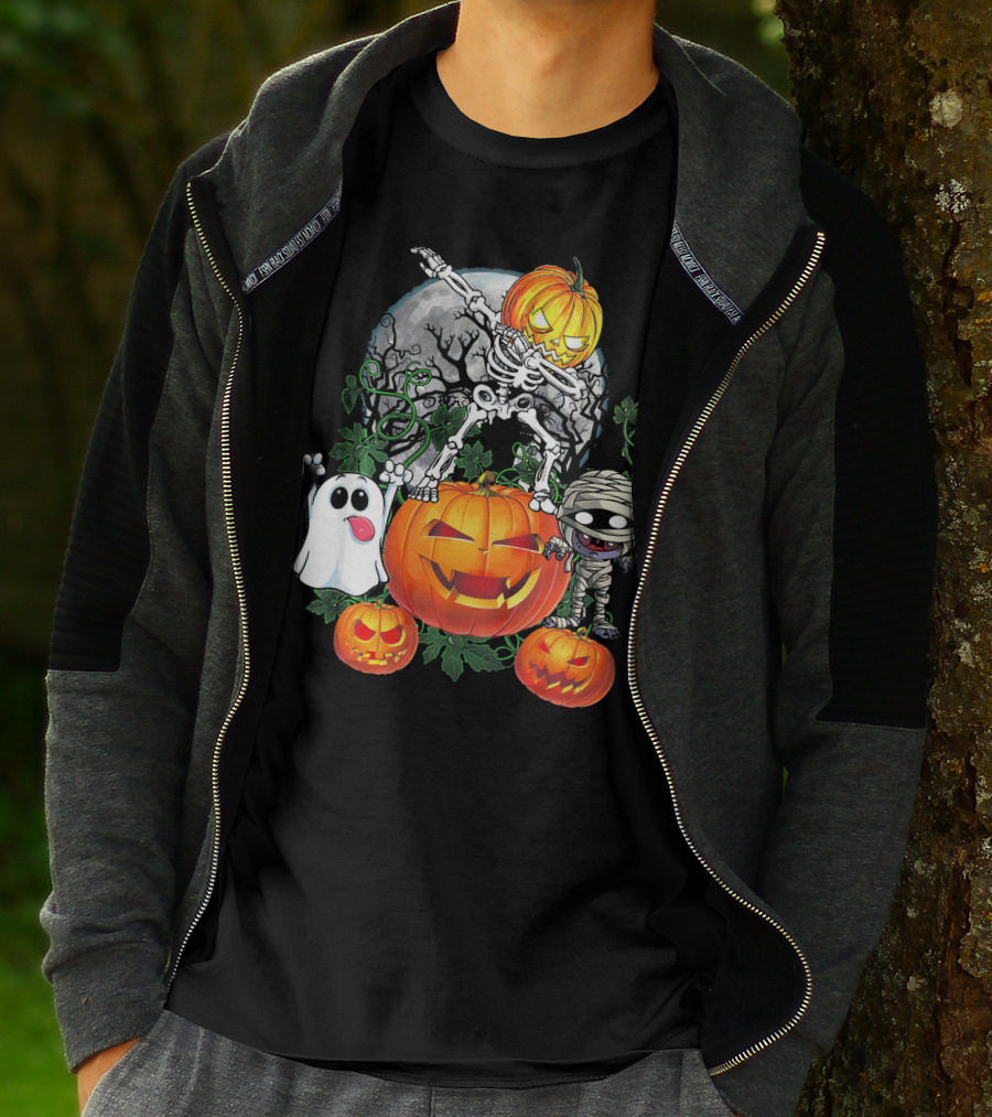 Dabbing Skeleton Pumpkin Ghost Mummy Halloween Moon Scene T-Shirt