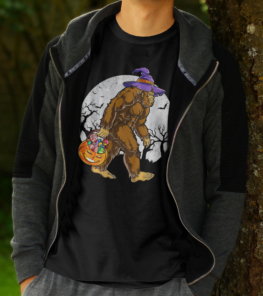 Bigfoot Witch Carrying Pumpkin Candy Basket In Spooky Moonlit Forest T-Shirt