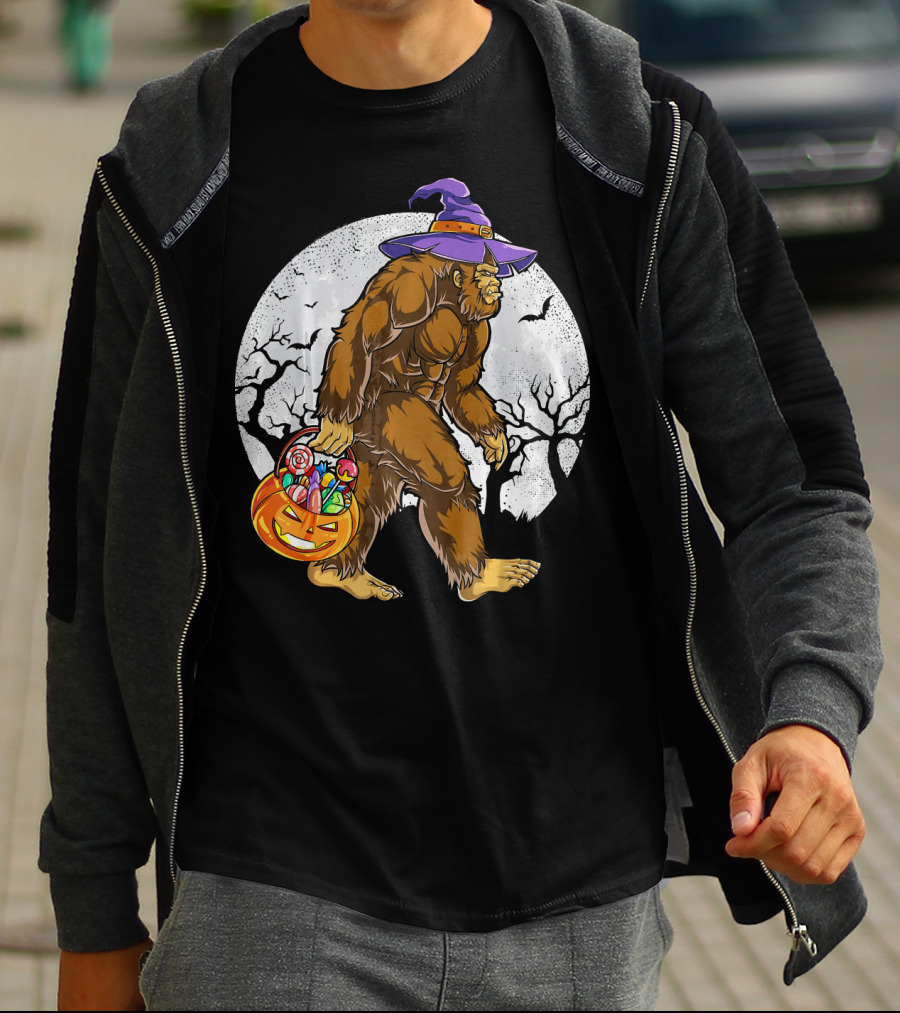 Bigfoot Witch Carrying Pumpkin Candy Basket In Spooky Moonlit Forest T-Shirt