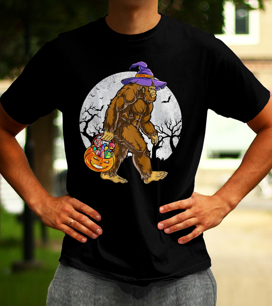 Bigfoot Witch Carrying Pumpkin Candy Basket In Spooky Moonlit Forest T-Shirt