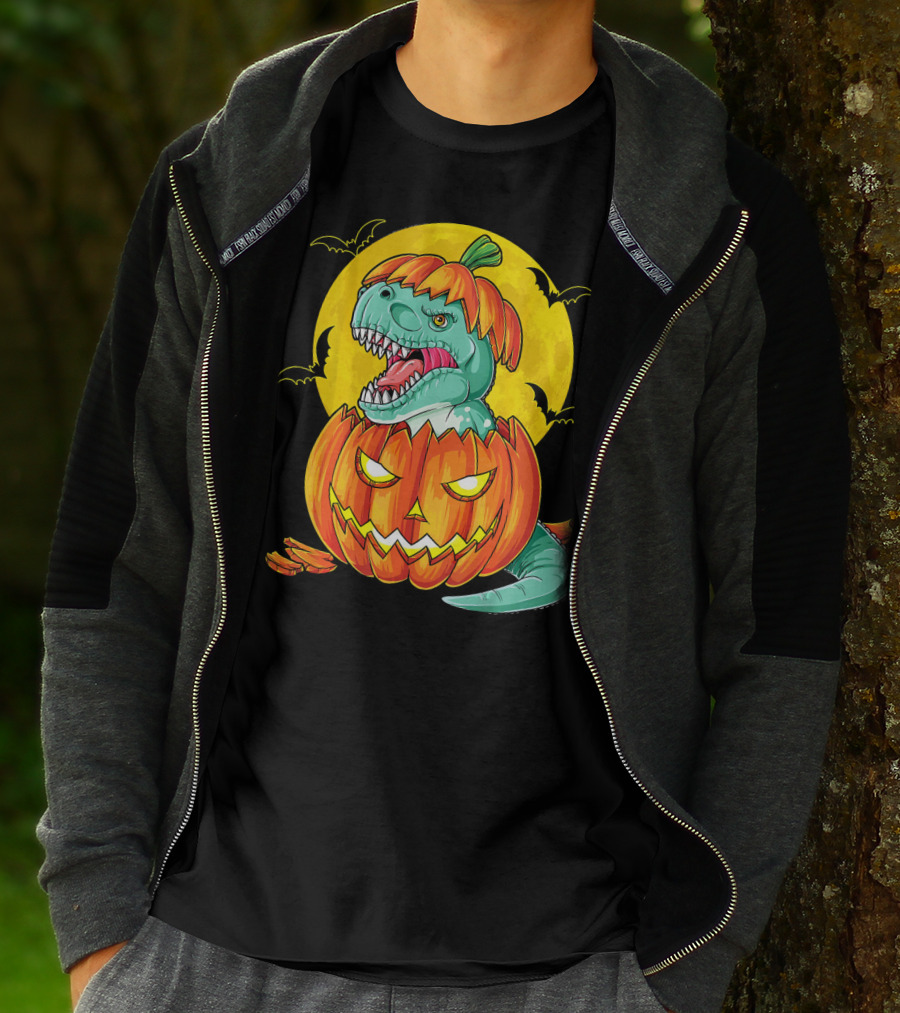 Dinosaur Pumpkin Halloween Moon Bats T-Shirt