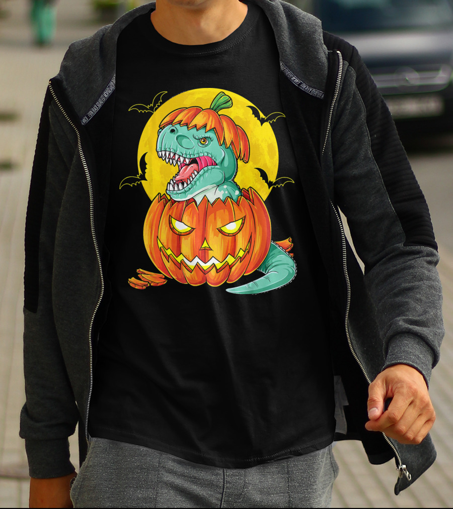 Dinosaur Pumpkin Halloween Moon Bats T-Shirt
