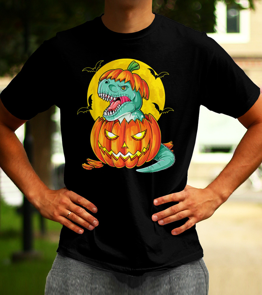 Dinosaur Pumpkin Halloween Moon Bats T-Shirt
