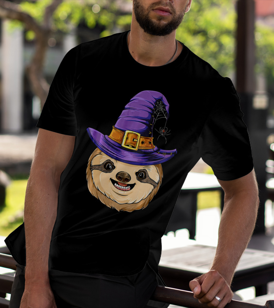 Sloth Witch Halloween Purple Hat Spider T-Shirt