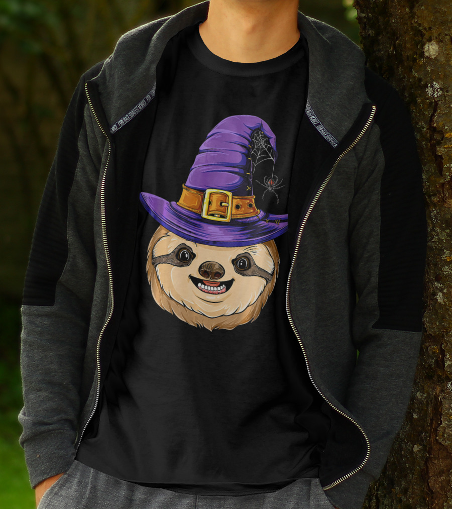 Sloth Witch Halloween Purple Hat Spider T-Shirt