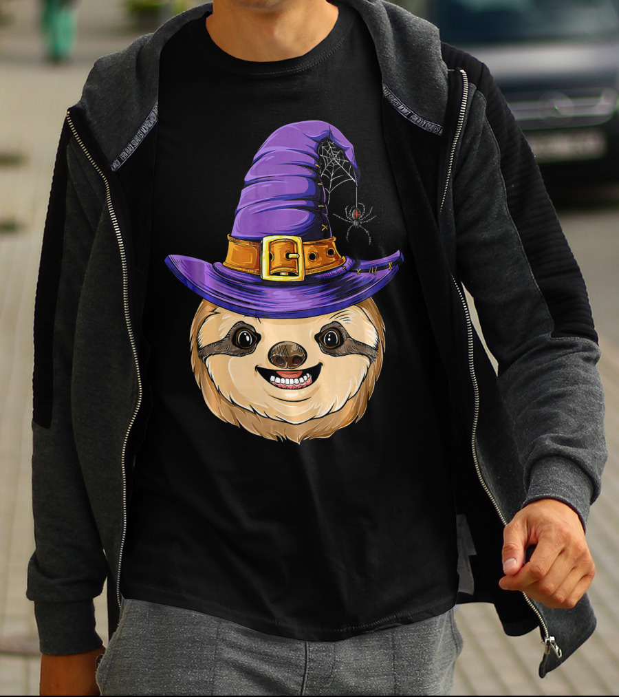 Sloth Witch Halloween Purple Hat Spider T-Shirt
