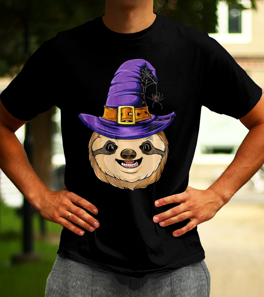 Sloth Witch Halloween Purple Hat Spider T-Shirt