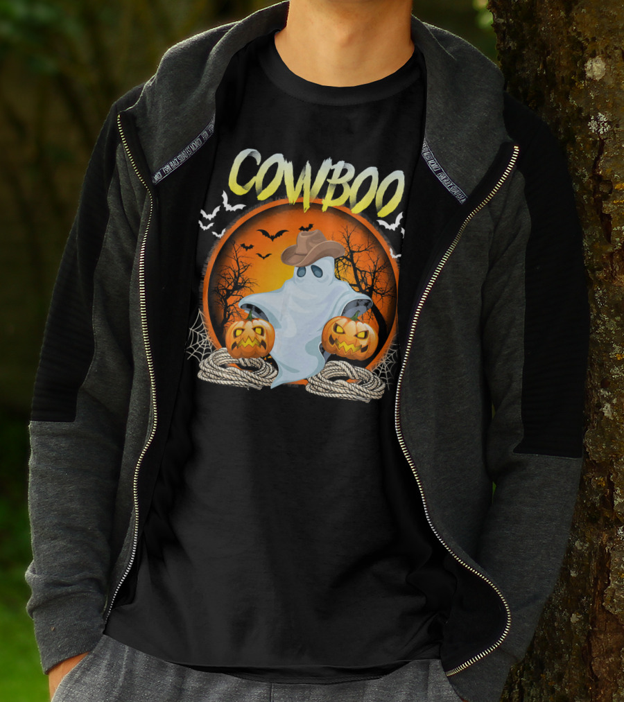 Cowboo Halloween Ghost In Cowboy Hat With Pumpkins And Bats T-Shirt