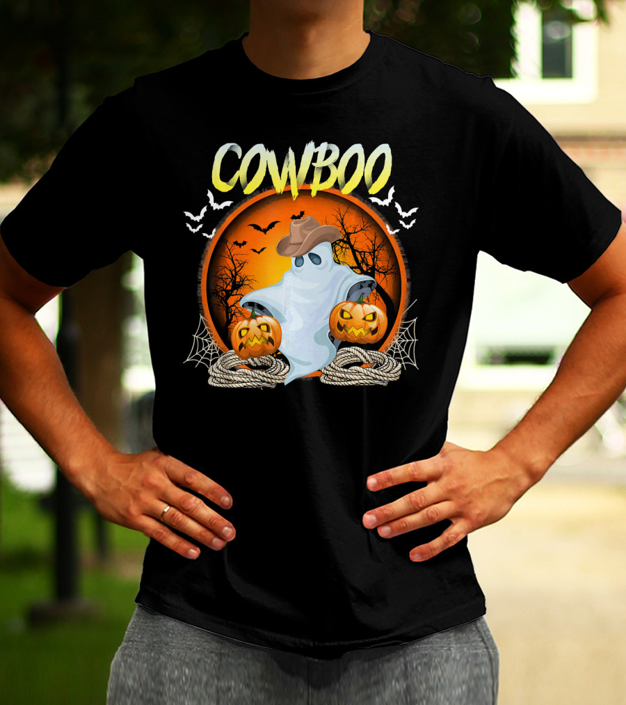Cowboo Halloween Ghost In Cowboy Hat With Pumpkins And Bats T-Shirt
