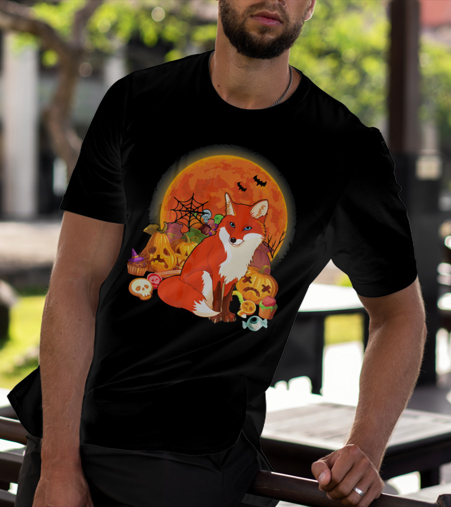 Funny Fox Halloween Full Moon Pumpkin Candy Scene T-Shirt