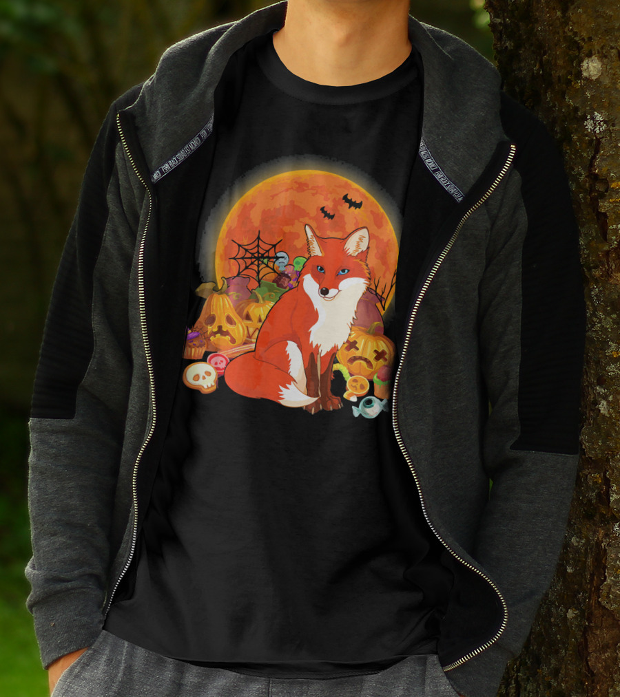 Funny Fox Halloween Full Moon Pumpkin Candy Scene T-Shirt