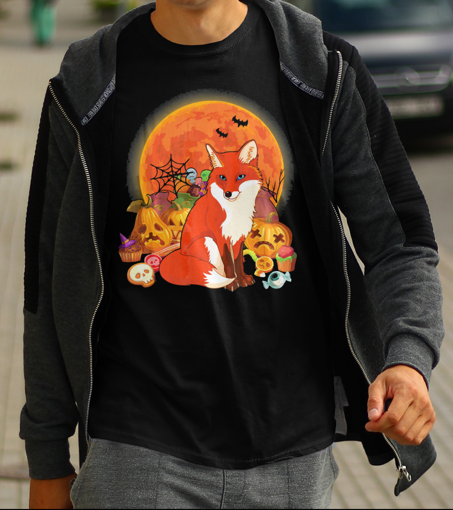 Funny Fox Halloween Full Moon Pumpkin Candy Scene T-Shirt