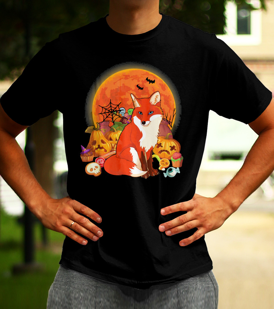 Funny Fox Halloween Full Moon Pumpkin Candy Scene T-Shirt