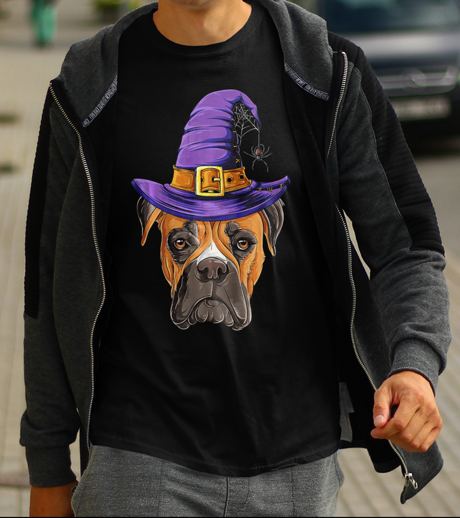 Boxer Dog Halloween Witch Hat Spider T-Shirt
