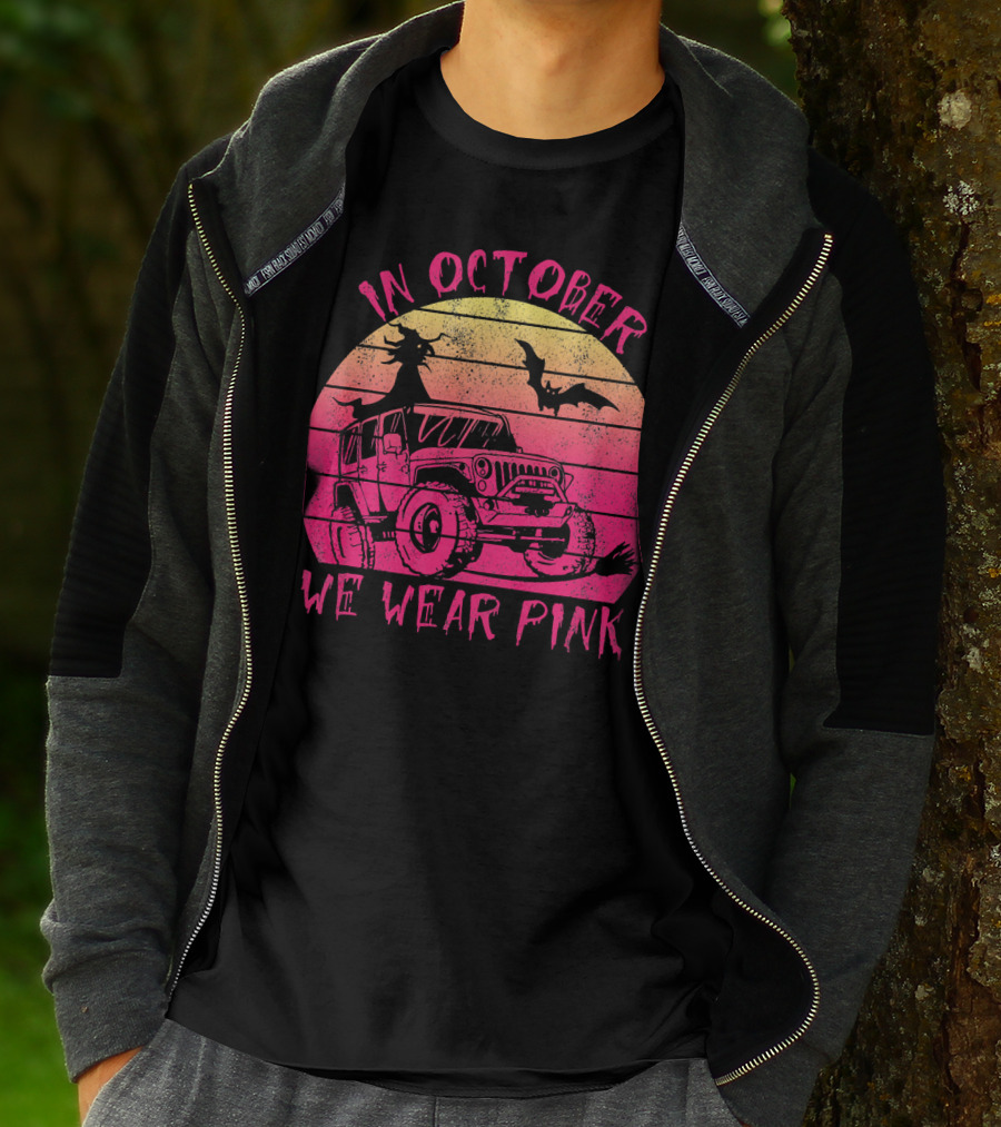 In October We Wear Pink Halloween Jeeps Witch And Bat Vintage Sunset T-Shirt