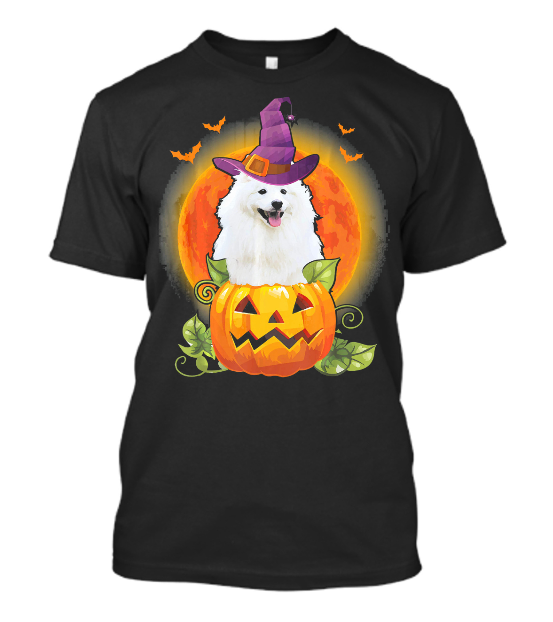 Samoyed Dog Witch Hat Pumpkin Halloween Moon T-Shirt