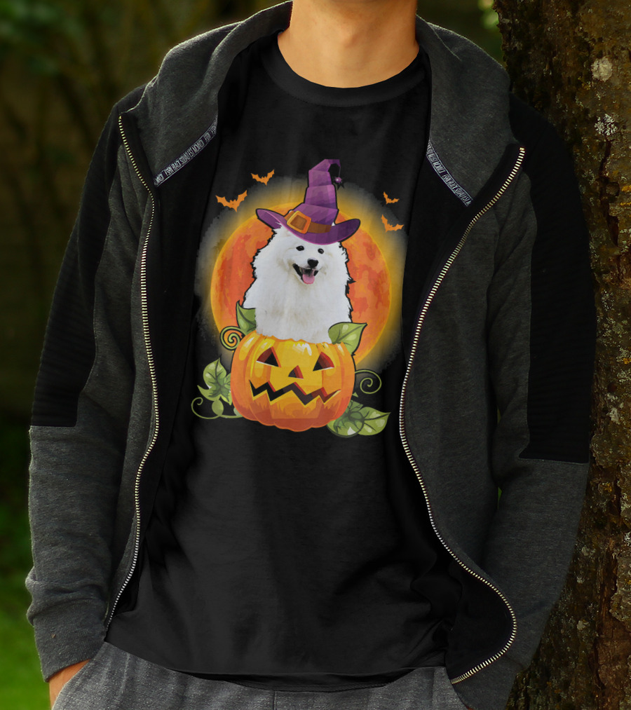 Samoyed Dog Witch Hat Pumpkin Halloween Moon T-Shirt