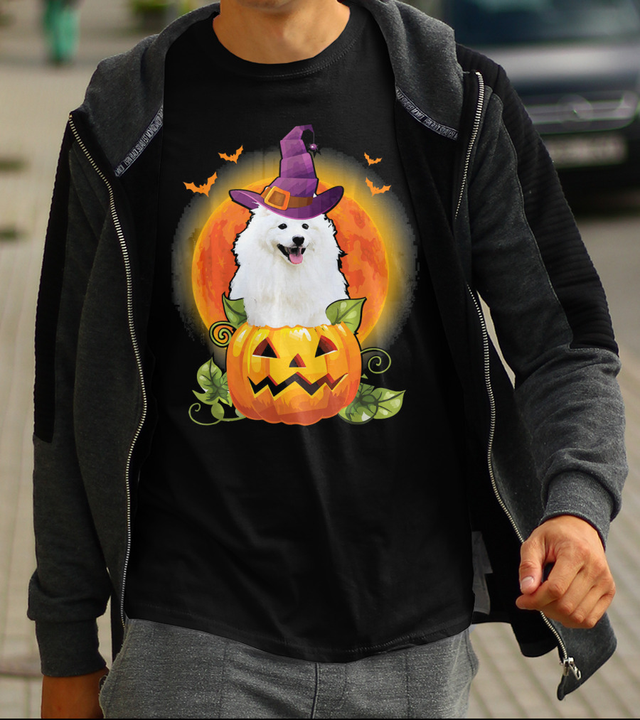 Samoyed Dog Witch Hat Pumpkin Halloween Moon T-Shirt
