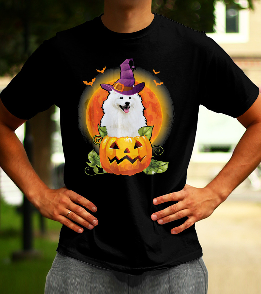 Samoyed Dog Witch Hat Pumpkin Halloween Moon T-Shirt