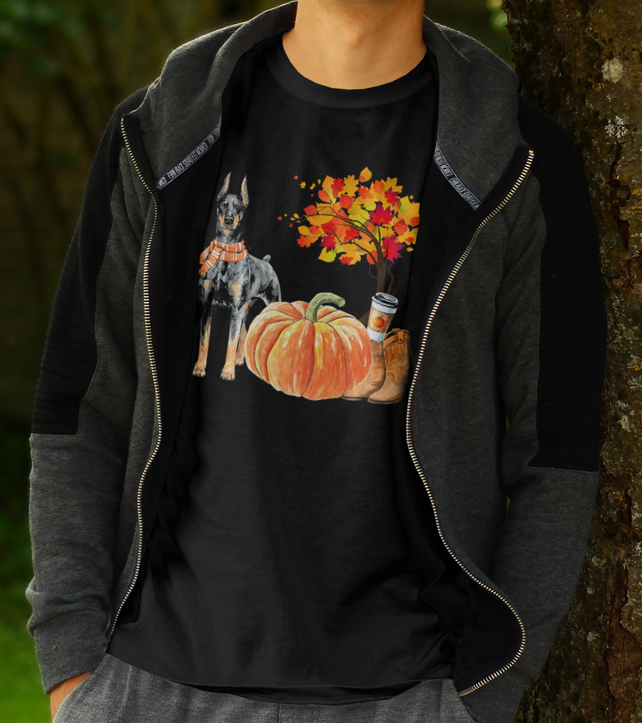 Doberman Pinscher Scarf Pumpkin Spice Autumn Boots Cozy Fall Leaves T-Shirt