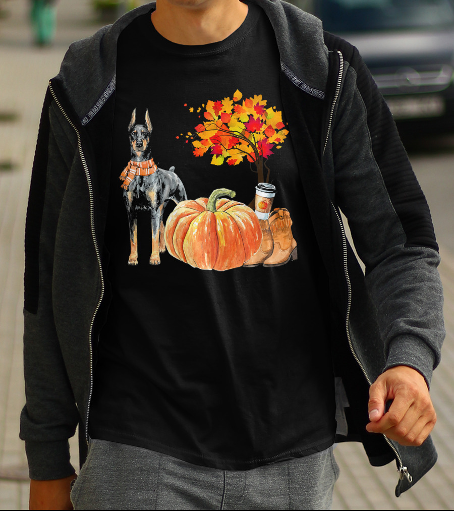 Doberman Pinscher Scarf Pumpkin Spice Autumn Boots Cozy Fall Leaves T-Shirt