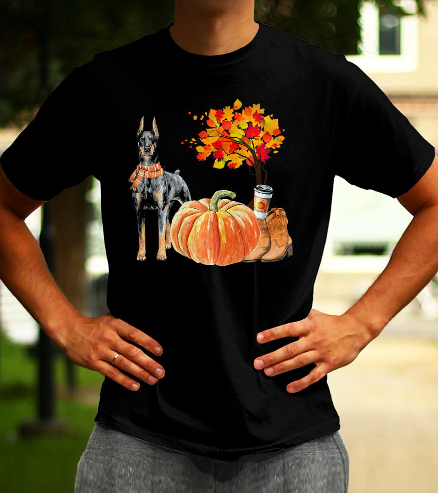 Doberman Pinscher Scarf Pumpkin Spice Autumn Boots Cozy Fall Leaves T-Shirt