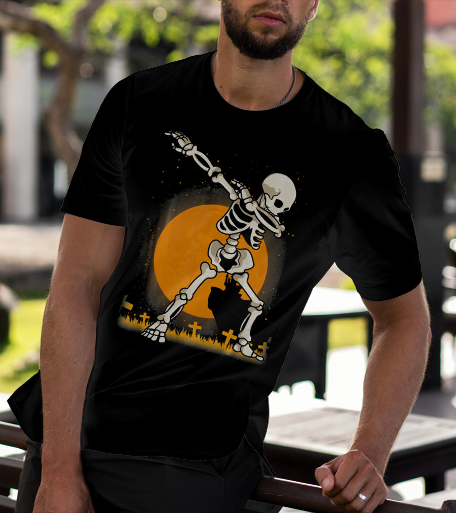 Halloween Skeleton Dabbing In Graveyard With Full Moon T-Shirt