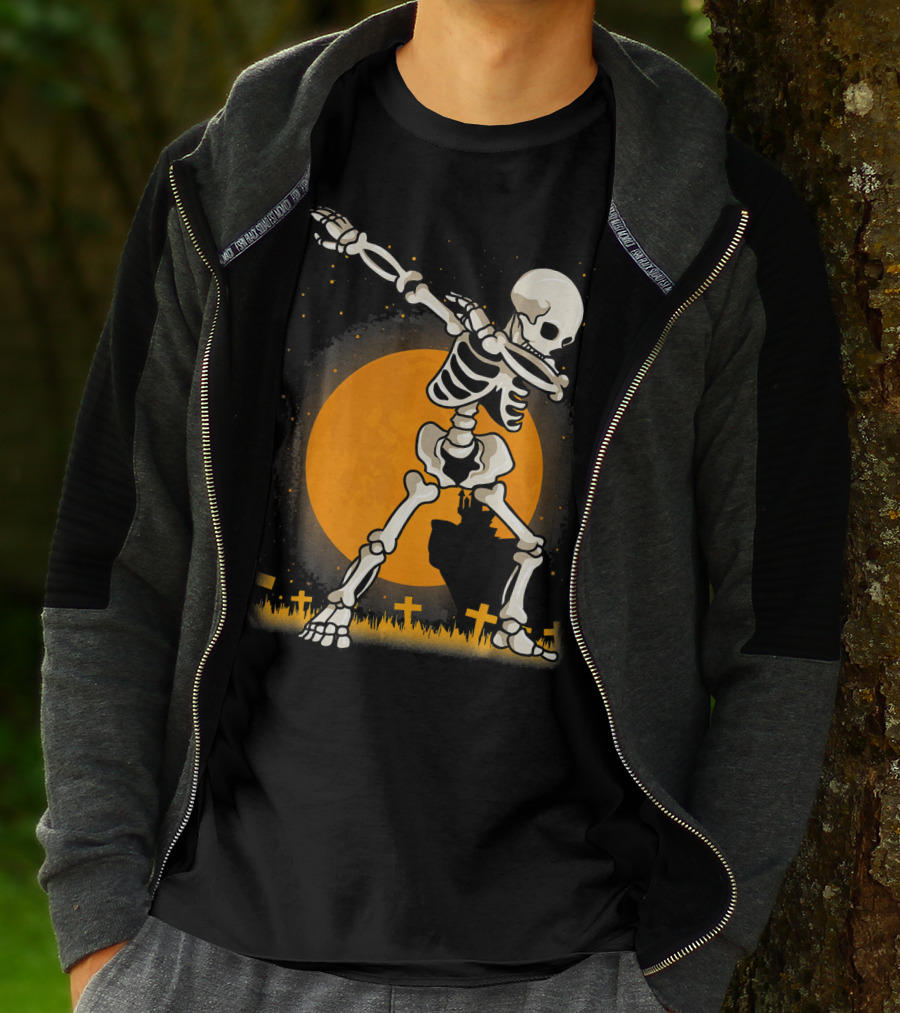 Halloween Skeleton Dabbing In Graveyard With Full Moon T-Shirt