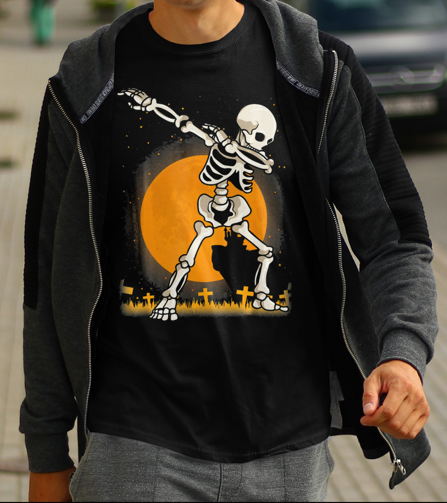 Halloween Skeleton Dabbing In Graveyard With Full Moon T-Shirt