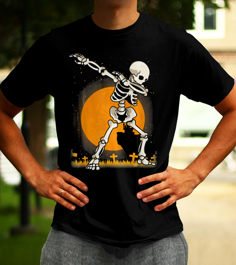 Halloween Skeleton Dabbing In Graveyard With Full Moon T-Shirt