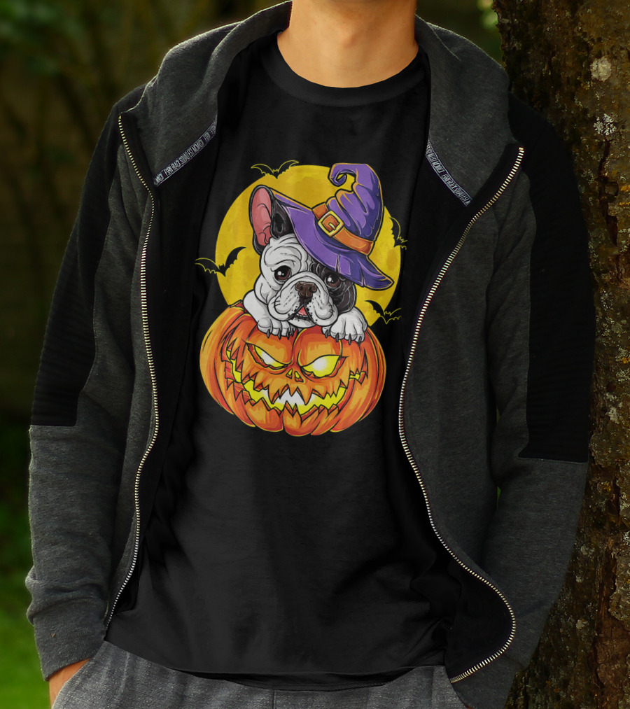 Halloween French Bulldog Witch In Pumpkin With Full Moon And Bats T-Shirt