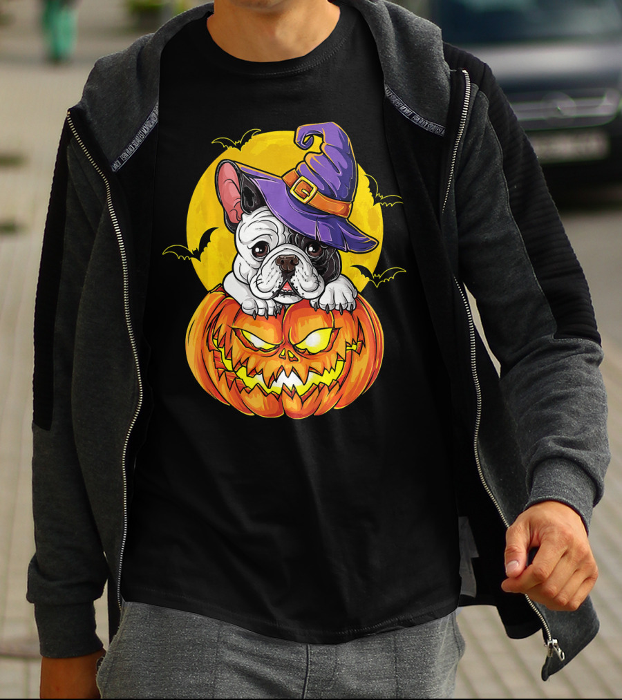 Halloween French Bulldog Witch In Pumpkin With Full Moon And Bats T-Shirt