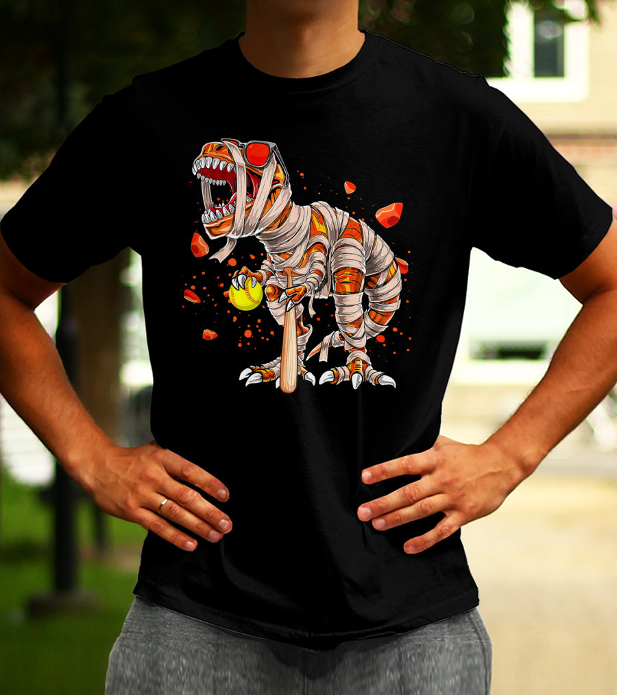 Mummy Dinosaur Playing Softball With Bat And Ball T-Shirt