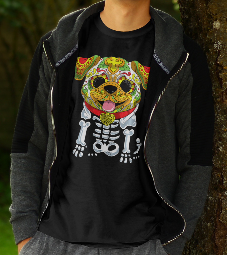 Dia De Los Muertos And Halloween Sugar Skull Dog Skeleton T-Shirt