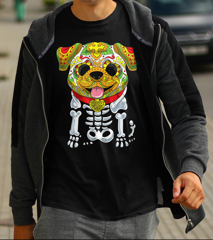 Dia De Los Muertos And Halloween Sugar Skull Dog Skeleton T-Shirt