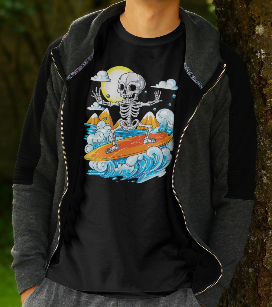 Skeleton Surfing Halloween On Hawaiian Waves With Sun And Clouds T-Shirt