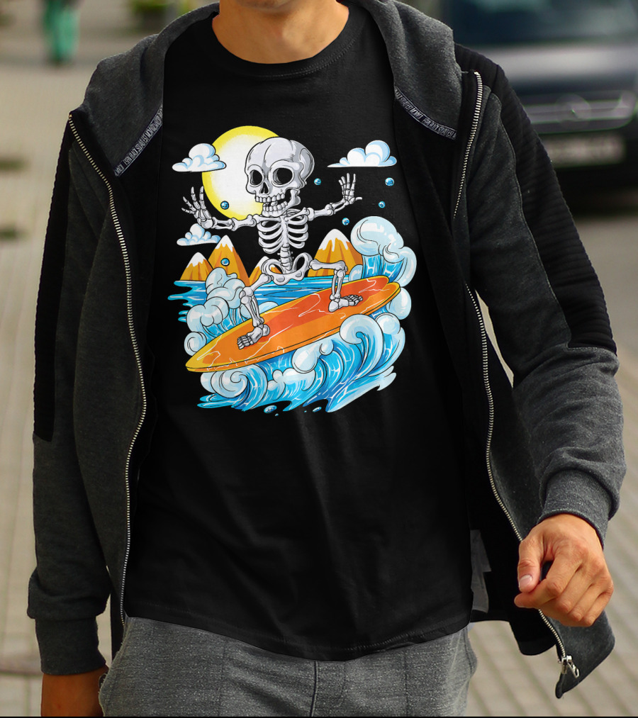 Skeleton Surfing Halloween On Hawaiian Waves With Sun And Clouds T-Shirt