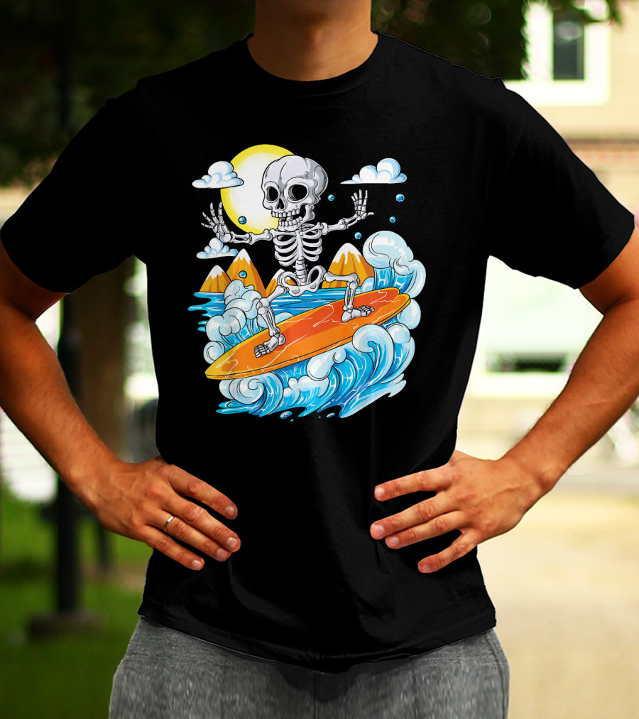 Skeleton Surfing Halloween On Hawaiian Waves With Sun And Clouds T-Shirt