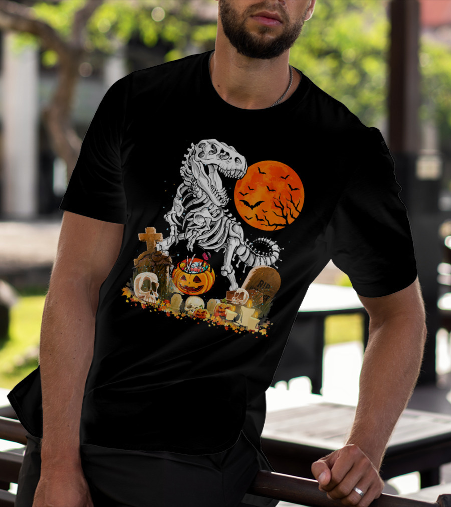 Halloween Dinosaur Rex Skeleton With Pumpkin And Full Moon T-Shirt