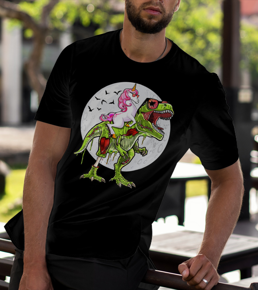 Funny Halloween Unicorn Riding Zombie Dinosaur With Bats And Full Moon T-Shirt