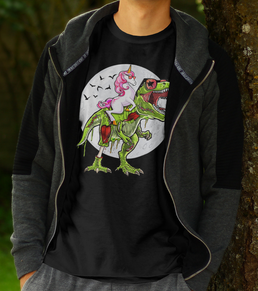 Funny Halloween Unicorn Riding Zombie Dinosaur With Bats And Full Moon T-Shirt