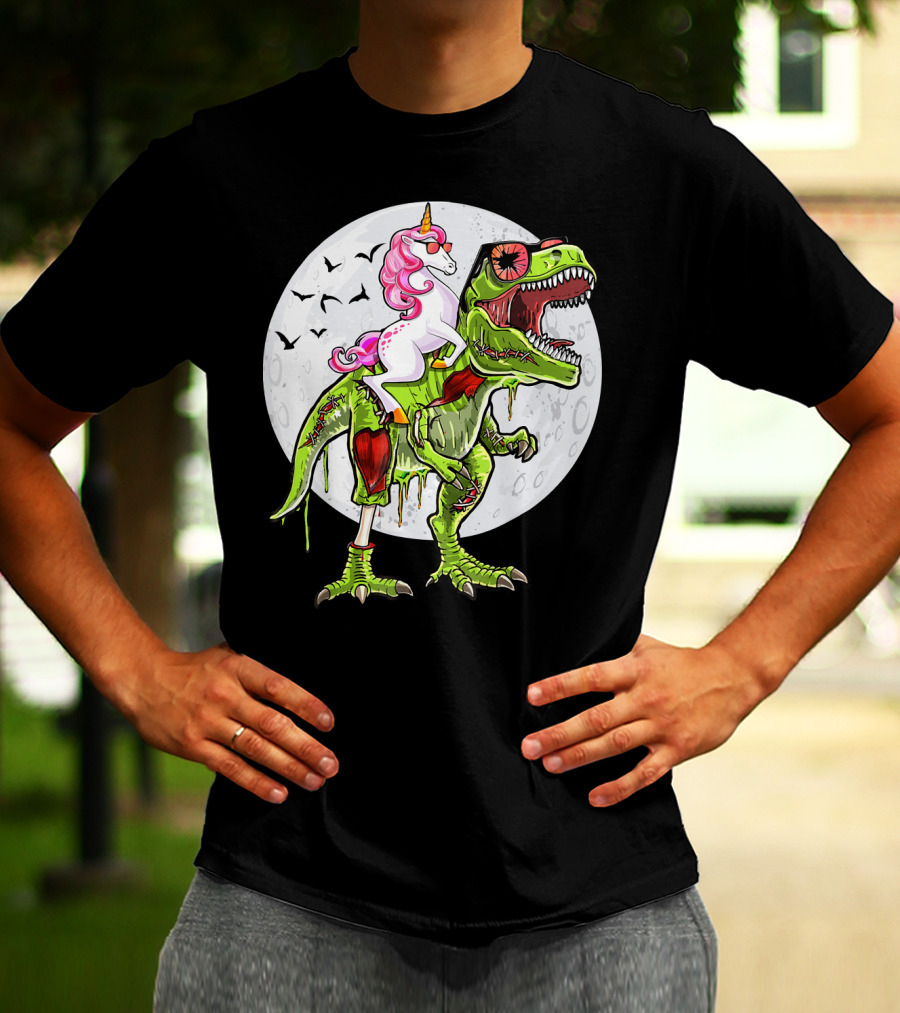 Funny Halloween Unicorn Riding Zombie Dinosaur With Bats And Full Moon T-Shirt