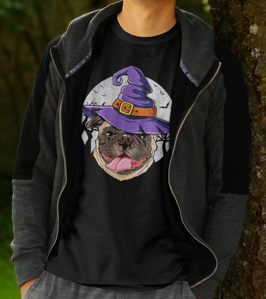 Pug Witch Hat Halloween Moon Bats Forest T-Shirt