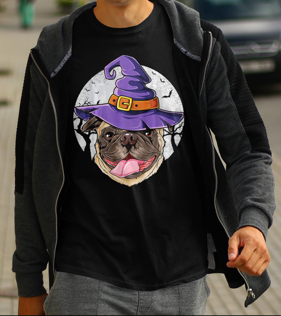 Pug Witch Hat Halloween Moon Bats Forest T-Shirt