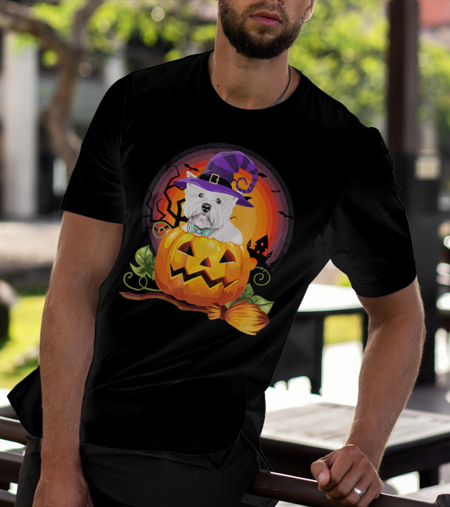 Westie Dog In Witch Hat With Jack-O'-Lantern For Halloween T-Shirt