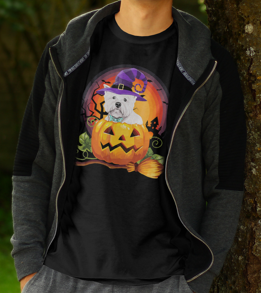 Westie Dog In Witch Hat With Jack-O'-Lantern For Halloween T-Shirt