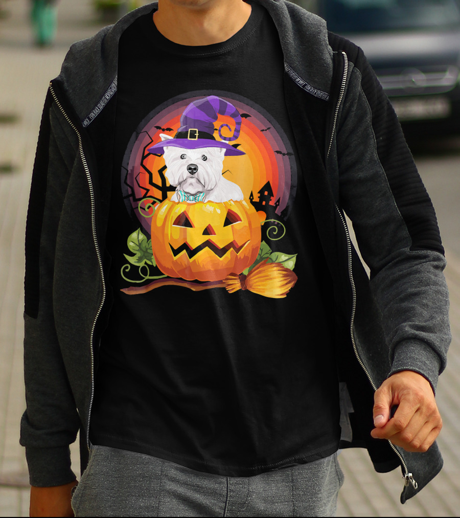 Westie Dog In Witch Hat With Jack-O'-Lantern For Halloween T-Shirt
