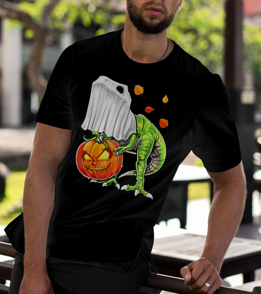 Halloween Dinosaur Ghost Pumpkin Jack Leaves T-Shirt