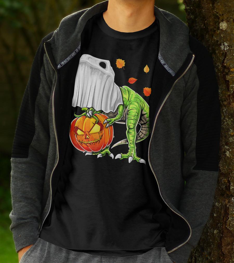 Halloween Dinosaur Ghost Pumpkin Jack Leaves T-Shirt